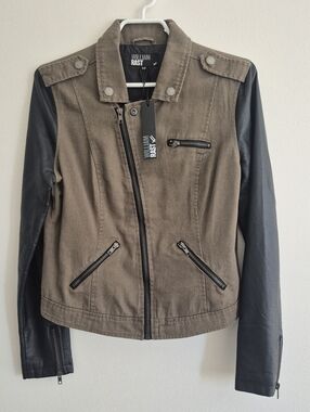 William Rast Cotton Zipper Moto Biker Jacket With Faux Leather Sleeves Small NWT